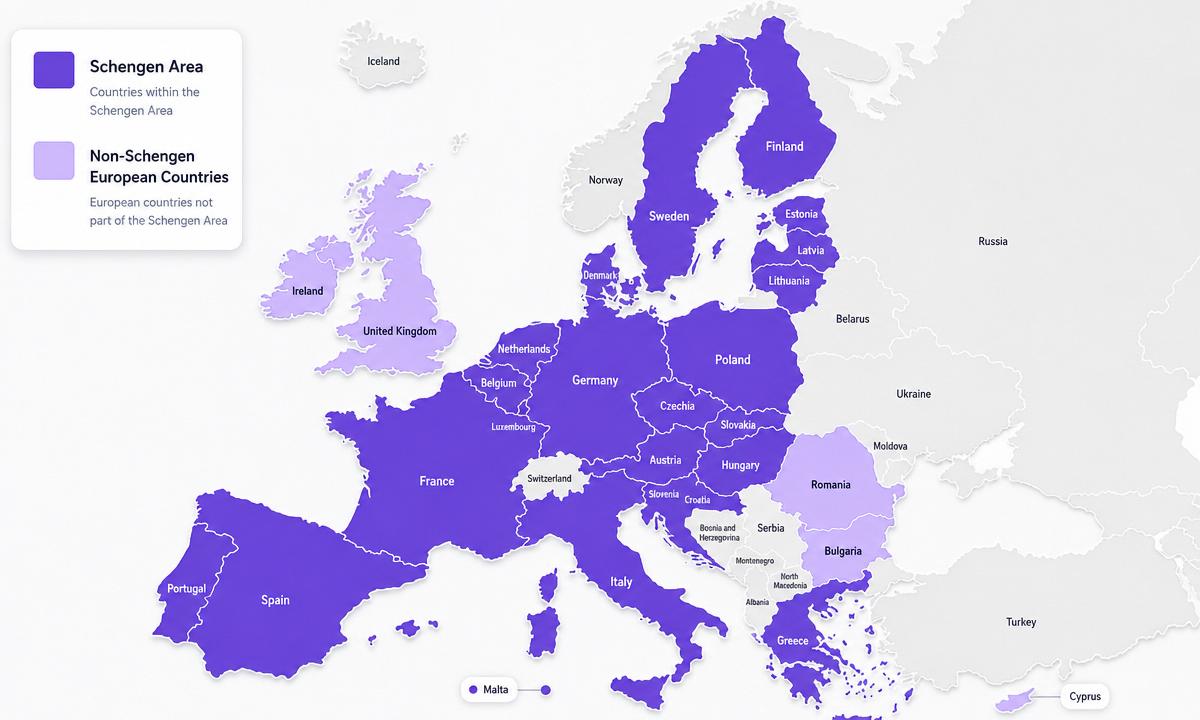Schengen and non-Schengen European countries coverage map